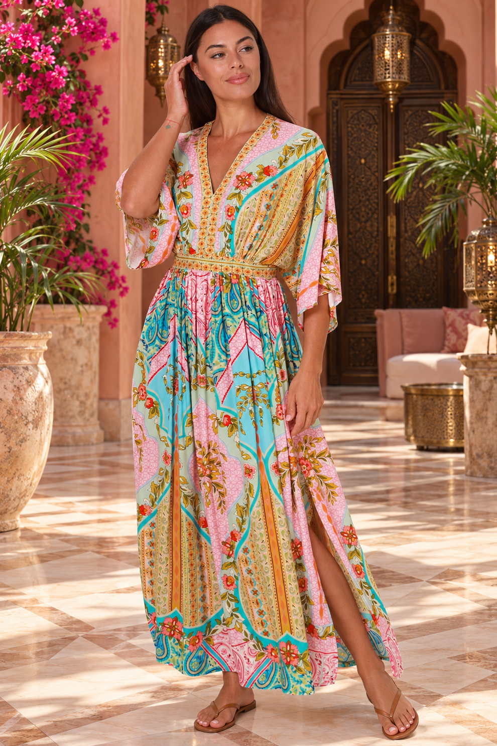 Amara pink turquoise floral paisley maxi dress by Dream Catcher with V-neck, kimono sleeves and border print
