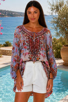 Clara embellished lavender viscose crepe boho tunic blouse with rhinestone neckline by Peacock Feather
