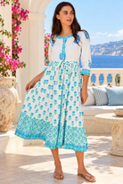 Lovebird Cotton Midi Dress Blue by Peacock Feather, white cotton boho midi dress with blue floral and border prints