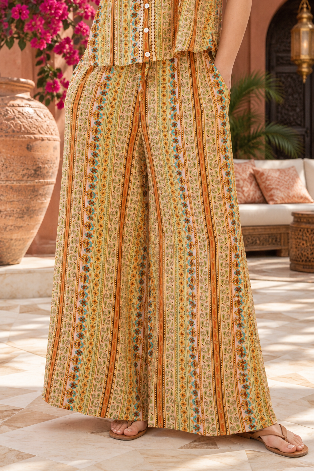 Amara printed rayon palazzo pants by Dreamcatcher with floral stripes, wide legs, elastic drawstring waist and side pockets | Bohemian Love Runway