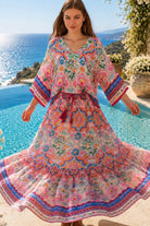 Dreamcatcher Aurora Pink Mosaic maxi skirt with elastic tie waist and oversized frill hemline