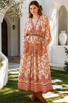 Shop Cinnamon V-Neck Kimono Sleeve Maxi Dress in rayon with a warm boho print at Bohemian Love Runway Australia