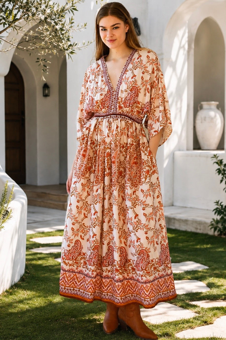 Shop Cinnamon V-Neck Kimono Sleeve Maxi Dress in rayon with a warm boho print at Bohemian Love Runway Australia