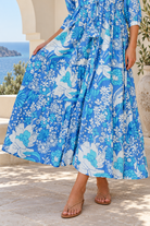 Emerson Cotton Maxi Dress Rory Blue with vintage blue floral print, button front, tassel drawstring waist and tiered skirt