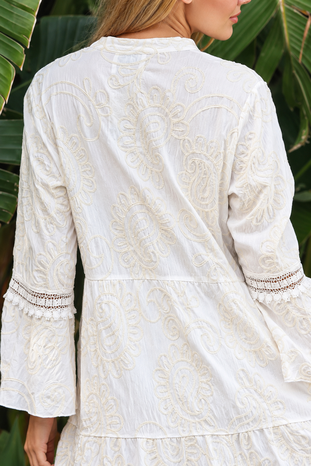 Serafina white cotton mini dress with ivory embroidery and lace sleeves at Bohemian Love Runway 