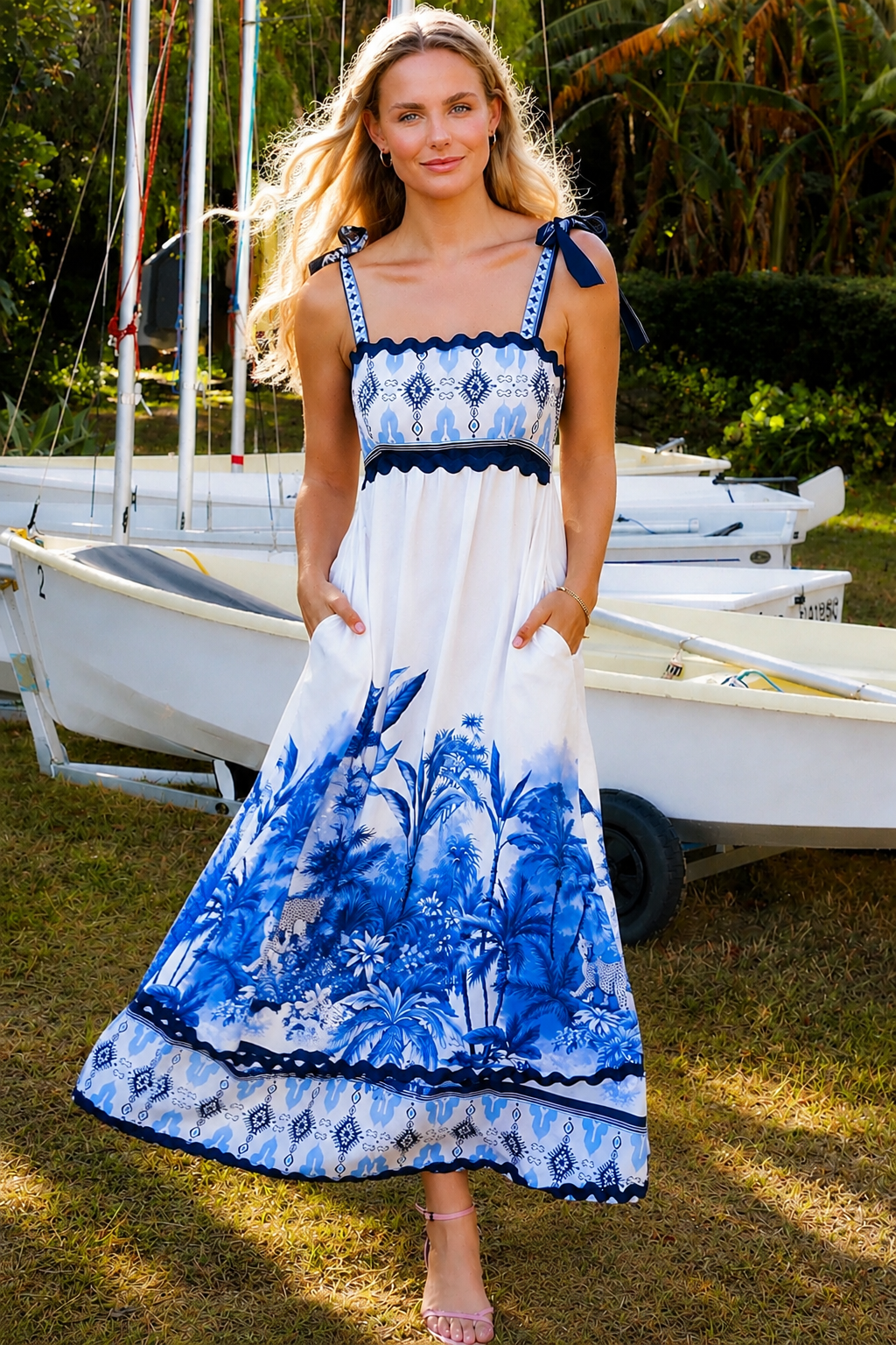 Blue and white floral boho maxi dress with statement border print at Bohemian Love Runway 