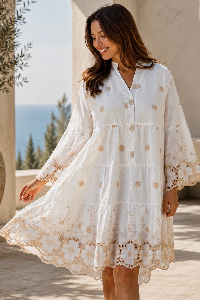 Honeyed Garden white cotton embroidered mini dress with floral cutwork hem and sleeves at Bohemian Love Runway