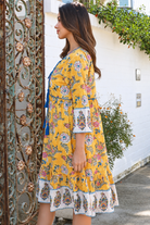 Golden Dahlia Peacock Feather cotton boho dress with cobalt tassels and ornate floral border print