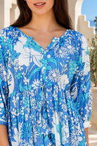 Emerson Cotton Maxi Dress Rory Blue with vintage blue floral print, button front, tassel drawstring waist and tiered skirt