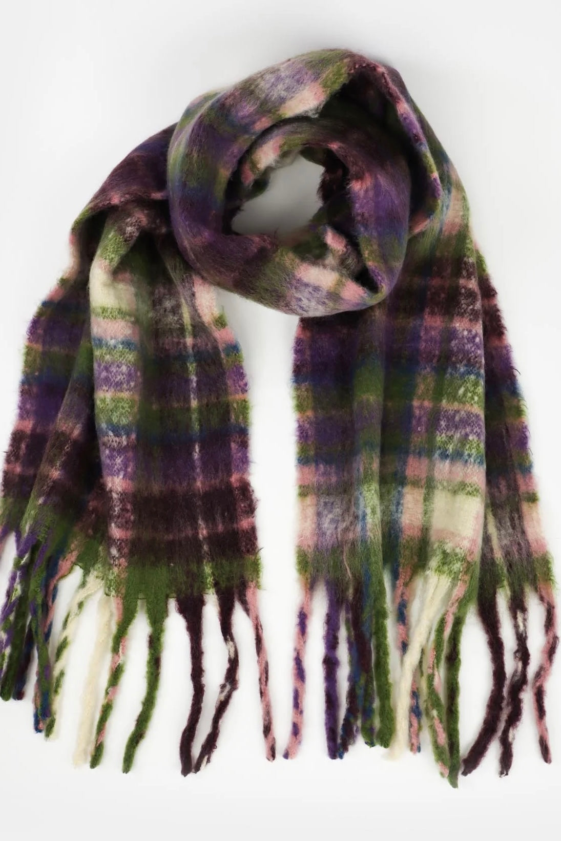 Vacanza oversized fluffy winter scarf in olive green, violet, pink and blue check with long fringe