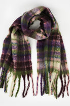 Vacanza oversized fluffy winter scarf in olive green, violet, pink and blue check with long fringe