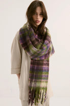 Vacanza oversized fluffy winter scarf in olive green, violet, pink and blue check with long fringe