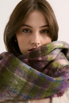 Vacanza oversized fluffy winter scarf in olive green, violet, pink and blue check with long fringe