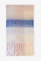 Penelope oversized fluffy winter scarf in pink, cream and blue with long fringed ends