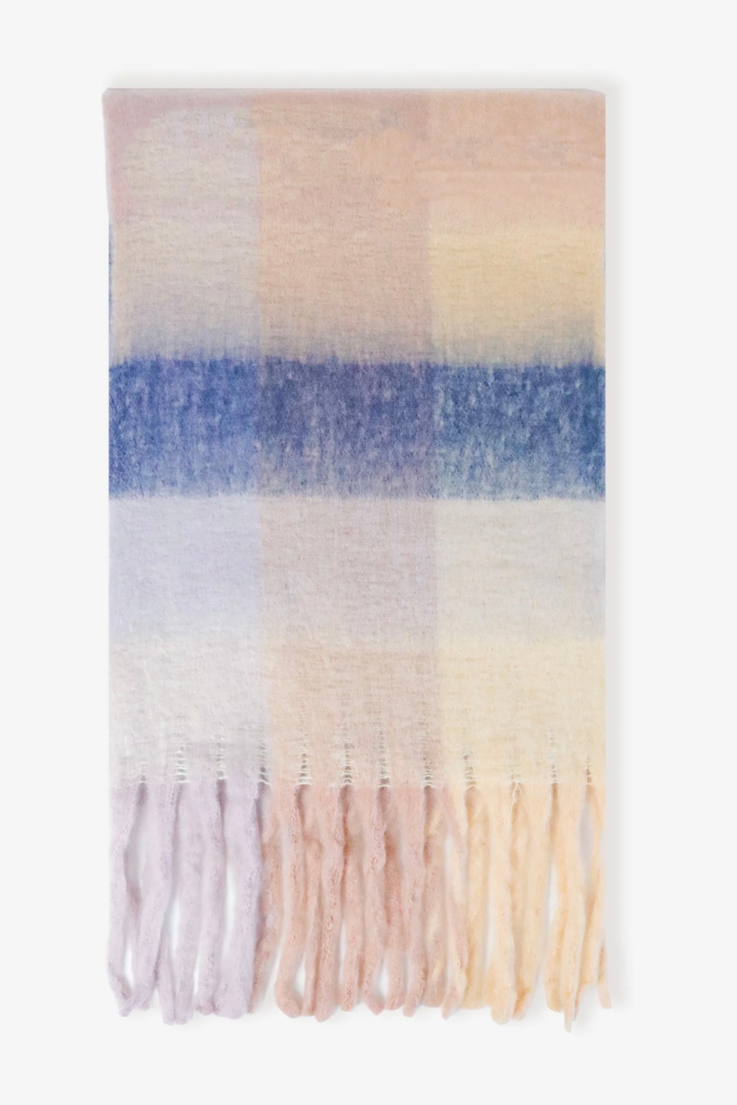 Penelope oversized fluffy winter scarf in pink, cream and blue with long fringed ends