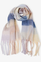 Penelope oversized fluffy winter scarf in pink, cream and blue with long fringed ends