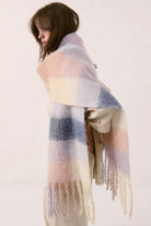 Penelope oversized fluffy winter scarf in pink, cream and blue with long fringed ends