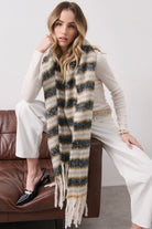 Mayne striped fluffy winter scarf in cream, charcoal and camel by Angel Whispers Australia