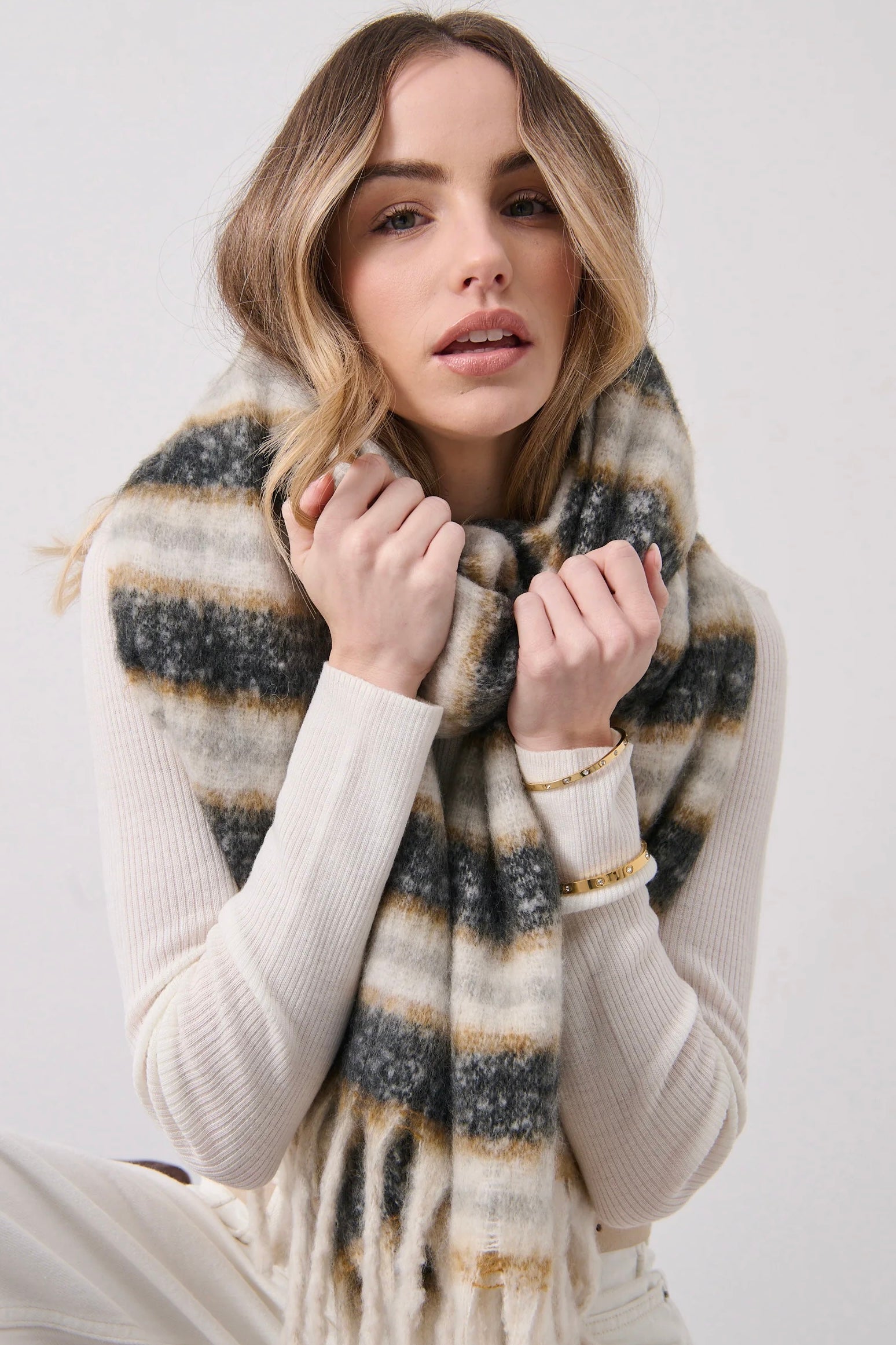 Mayne striped fluffy winter scarf in cream, charcoal and camel by Angel Whispers Australia
