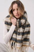 Mayne striped fluffy winter scarf in cream, charcoal and camel by Angel Whispers Australia