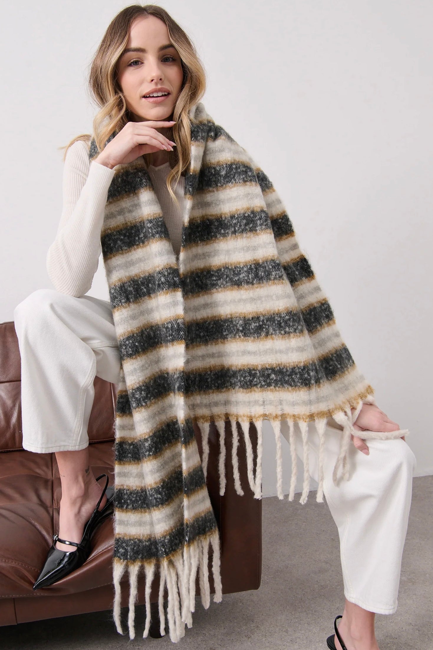 Mayne striped fluffy winter scarf in cream, charcoal and camel by Angel Whispers Australia