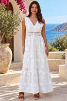 Demi white embroidered cotton boho maxi dress with crochet lace by Salty Palm at Bohemian Love Runway