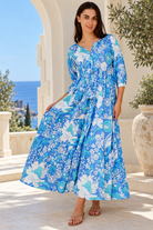 Emerson Cotton Maxi Dress Rory Blue with vintage blue floral print, button front, tassel drawstring waist and tiered skirt