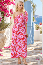 Eve pink paisley one shoulder maxi dress by Dreamcatcher in 100% rayon with tie waist and floral print