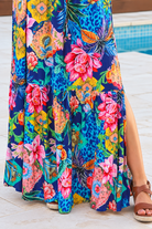 Wild Tropic blue boho maxi skirt with tropical floral print, side splits, tassel tie and flowing tiered hem