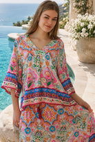 Dreamcatcher Aurora Floral Top Pink Mosaic with botanical mosaic print and cotton lace edging