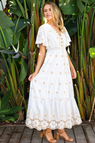 Honeyed Garden white cotton boho dress with ivory beige floral embroidery and lace detailing