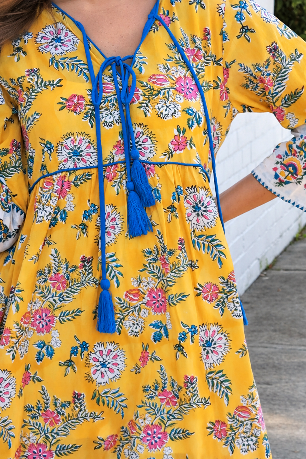 Golden Dahlia Peacock Feather cotton boho dress with cobalt tassels and ornate floral border print