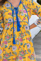Golden Dahlia Peacock Feather cotton boho dress with cobalt tassels and ornate floral border print