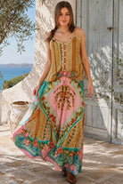 Amara floral boho maxi skirt in 100% rayon with colourful placement print, gathered frill hem and tassel tie