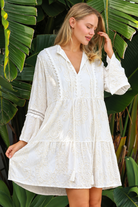 Serafina white cotton mini dress with ivory embroidery and lace sleeves at Bohemian Love Runway 