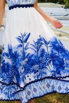 Blue and white floral boho maxi dress with statement border print at Bohemian Love Runway 