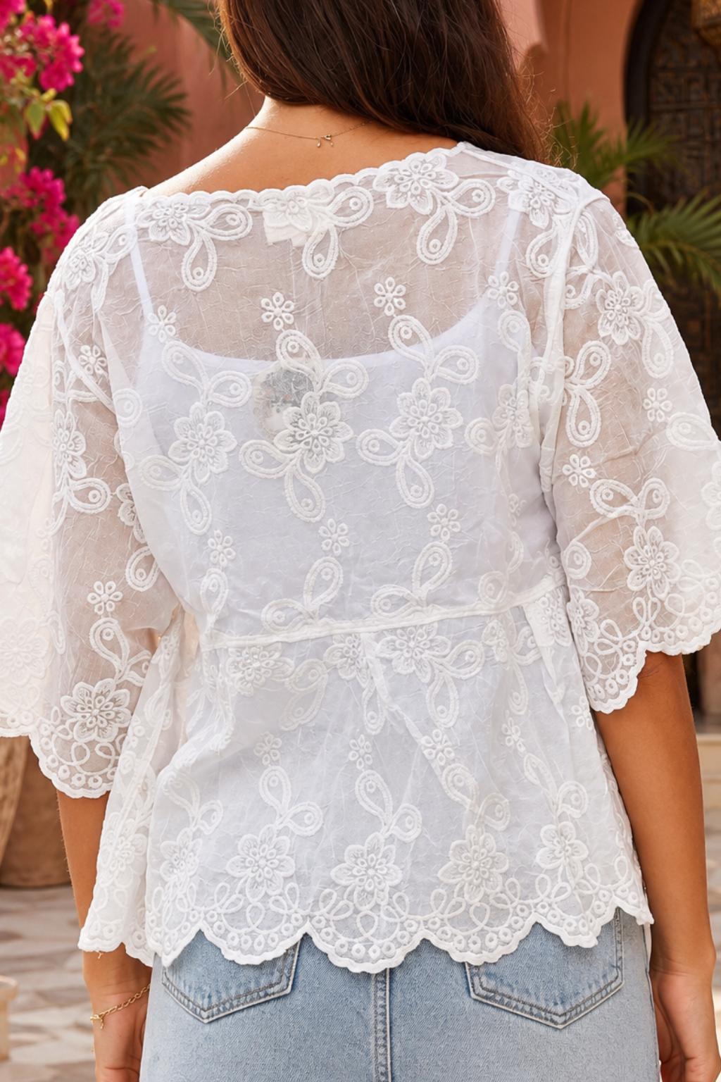 Giselle white boho embroidered cotton top by Willow the Label with scalloped V-neckline, floral embroidery and half sleeves