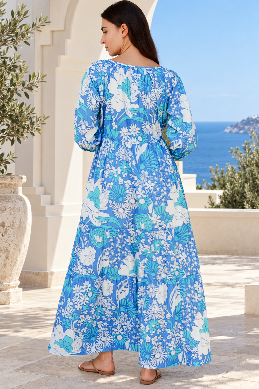Emerson Cotton Maxi Dress Rory Blue with vintage blue floral print, button front, tassel drawstring waist and tiered skirt