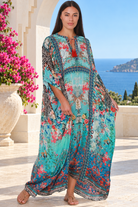 Mirage Floral Kaftan Turquoise Bloom by Peacock Feather the Label in viscose crepe with botanical boho print