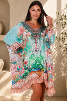 Eden Jewel embellished aqua garden kaftan mini dress by Peacock Feather in viscose crepe