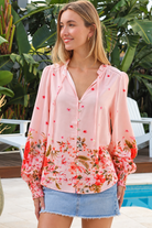 Blush pink border print rayon blouse with beaded tie neck shirred cuffs and lace yoke – Lucy Blouse Australia