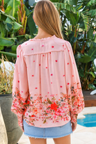 Blush pink border print rayon blouse with beaded tie neck shirred cuffs and lace yoke – Lucy Blouse Australia