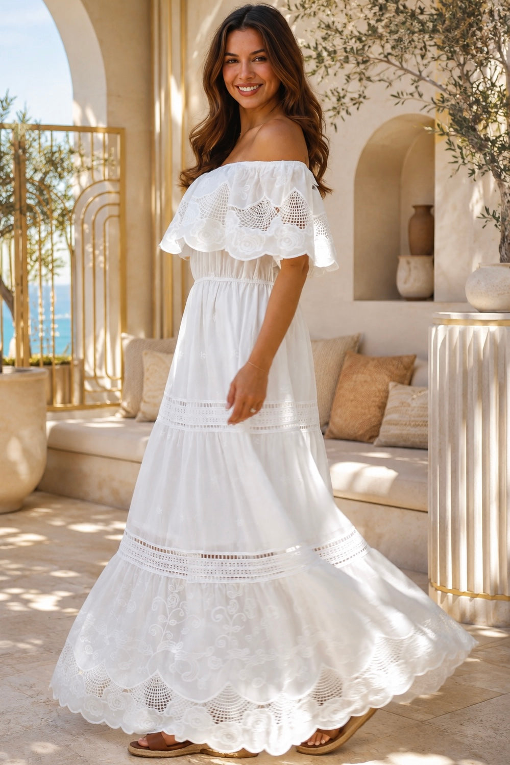 Rose white embroidered cotton maxi dress with off-shoulder floral lace, tiered skirt and scalloped rose hem