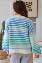 Blue gradient striped knit cardigan V neck button front ribbed cuffs drop shoulder Charlotte the Label ocean tones. Boho Knitwear Australia.