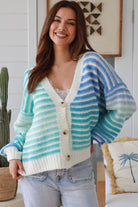 Blue gradient striped knit cardigan V neck button front ribbed cuffs drop shoulder Charlotte the Label ocean tones. Boho Knitwear Australia.