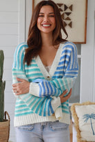 Blue gradient striped knit cardigan V neck button front ribbed cuffs drop shoulder Charlotte the Label ocean tones. Boho Knitwear Australia.