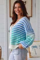 Blue gradient striped knit cardigan V neck button front ribbed cuffs drop shoulder Charlotte the Label ocean tones. Boho Knitwear Australia.