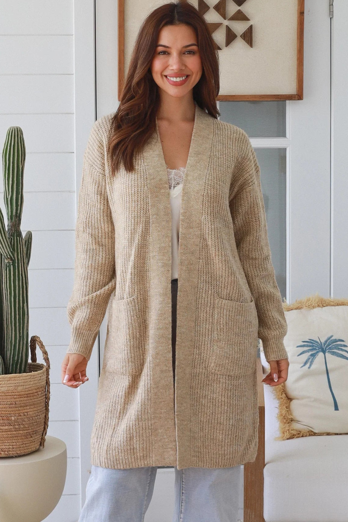 Beige boho longline cardigan womens Australia soft knit below knee cardigan Charlotte the Label winter layering