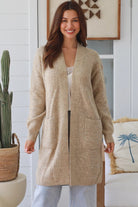 Beige boho longline cardigan womens Australia soft knit below knee cardigan Charlotte the Label winter layering