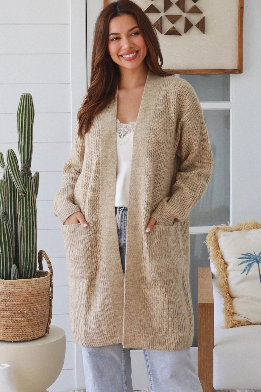 Beige boho longline cardigan womens Australia soft knit below knee cardigan Charlotte the Label winter layering